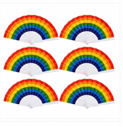 We Fiesta – Regenboog Waaiers – Spaanse waaier – 6 stuks – Opvouwbare Handwaaiers – Pride – Festival – Zomer – Kunststof – Wit Handvat
