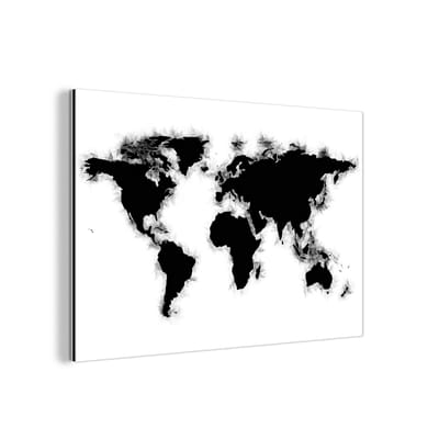 Aluminium schilderij 150x100 cm - Wanddecoratie metaal - Wereldkaart - Zwart - Wit - Simpel - Metalen muurdecoratie woonkamer - Decoratie industrieel - Foto op dibond - Industriële accessoires slaapkamer
