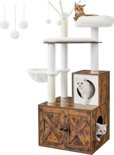 MIRA Home Kattenbak Krabpaal 2-in-1 - Kattenmeubel met Kattenhuis - Bruin/Wit - 57,5 x 50 x 140 cm