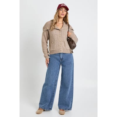boohoo Dames Grof gebreide oversized cardigan met kraagdetail en knoopdoorloop | Stone | Maat: Small