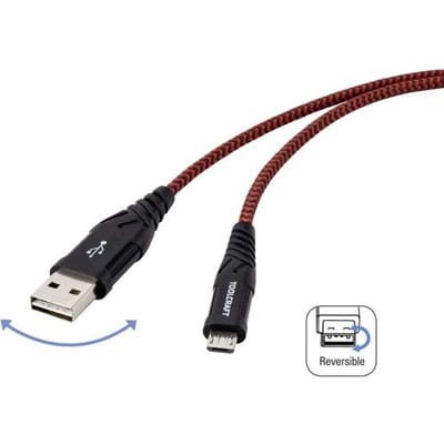 TOOLCRAFT TO-6872829 USB-kabel USB 2.0 USB-A stekker, USB-C stekker 2.00 m Zwart/rood Extreem robuust gevlochten besche