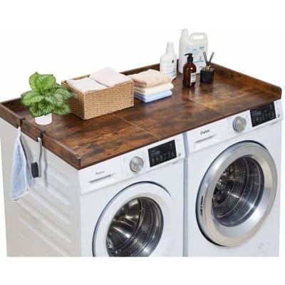 VEVOR Wasmachine en Droger Bovenplaat, 137 X 69,9 cm Houten Was- en Drogerbovenplaat met Rand en Haakjes, Waterbestendige Wasmachinebovenplaat voor Waskast, Pantry en Werkplaat Organiseren en Opbergen, Bruin