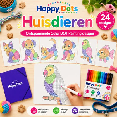 HappyDots Color DOT Painting set Huisdieren A4 - 24 designs + stiften set + opbergmap