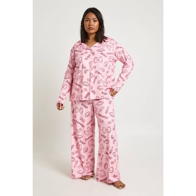 boohoo Dames Plus Pasta Print Lange Mouw Shirt En Broek Pyjama Set | Pink | Maat: 16