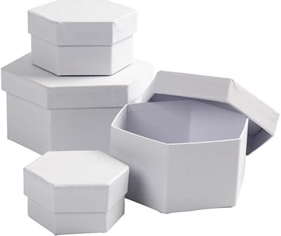 Hexagonale Dozen, H: 4+5+6+7 cm, d 6,5+8+10+12 cm, wit, 4 stuk/ 1 set