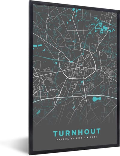 Fotolijst incl. Poster - België – Turnhout – Stadskaart – Kaart – Blauw – Plattegrond - 40x60 cm - Posterlijst
