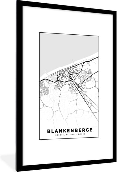 Fotolijst incl. Poster Zwart Wit- Zwart Wit – België – Plattegrond – Stadskaart – Kaart – Blankenberge - 80x120 cm - Posterlijst