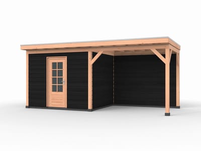 Douglas overkapping, 600 x 250, met zwarte schuur en achterwand, Westwood Comfort Plus