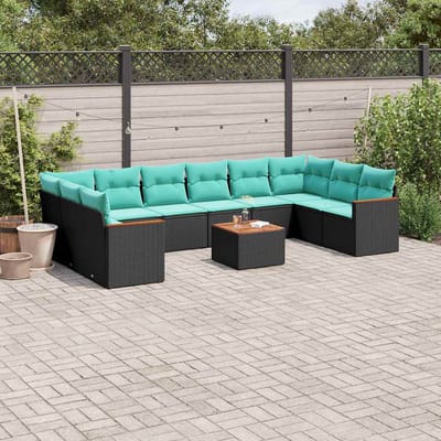 vidaXL - 11-delige - tuinbankset - met - kussens, - zwart - polyrotan