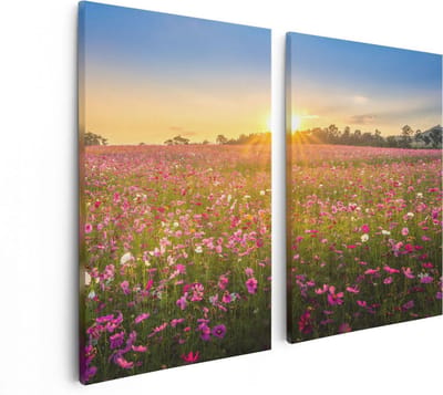 Artaza Canvas Schilderij Tweeluik Bloemenveld Met Roze Kosmos  - 80x60 - Foto Op Canvas - Canvas Print