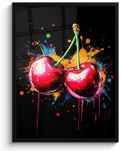 Poster in lijst - Fotolijst 50x70 cm - Posters - Kersen - Fruit - Graffiti - Verf - Abstract - Modern - Kleurrijk - Posterlijst zwart - Decoratie - Wanddecoratie woonkamer - Muurdecoratie slaapkamer