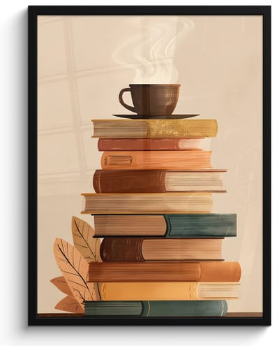 Poster in lijst - Fotolijst 50x70 cm - Posters - Boeken - Toren - Koffie - Beige - Posterlijst zwart - Decoratie - Wanddecoratie woonkamer - Muurdecoratie slaapkamer
