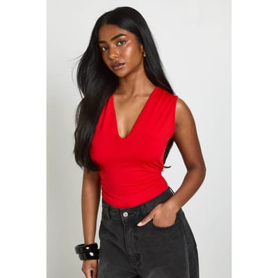boohoo Dames Mat Slinky Gerimpelde Bodysuit Met Diepe Hals | Rood | Maat: 34