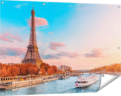 Gards Tuinposter Eiffeltoren in Parijs aan het Water - 120x80 cm - Tuindoek - Tuindecoratie - Wanddecoratie buiten - Tuinschilderij