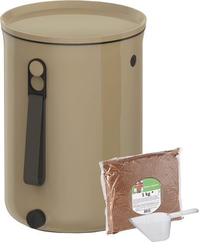 Skaza Bokashi Organko 2 | Gerenommeerde keukencompostbak van gerecycled plastic | 9.6 L | Starter Set voor keukenafval en compostering | met EM zemelen 1 kg | Bruin beige
