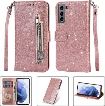 Glitter Bookcase geschikt voor Samsung Galaxy S22 Plus | Hoogwaardig PU Leren Hoesje | Lederen Wallet Case | Telefoonhoesje | Pasjeshouder | Portemonnee | Roze Goud