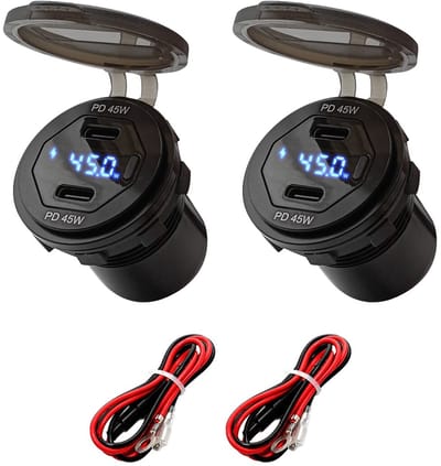 ProRide 12V USB-C Wandcontactdoos Inbouw - 45W - 2 Poorten - Wattagemeter - QC3.0 - Blauw - Kabel en Zekering - 2 stuks