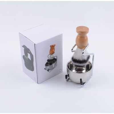 Set Brosse à Barbe et Bol pour Homme Kit Brosse à Barbe 3-en-1 Manche avec Bol à Raser et Support de Brosseas