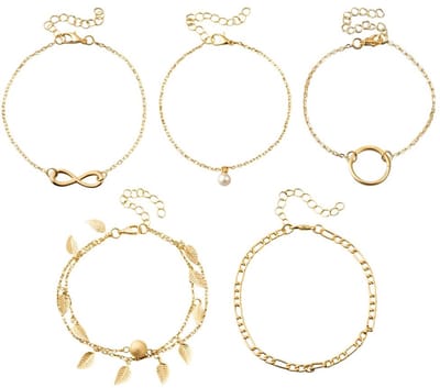 Dailygoods- Enkelband Gelaagd - 10 Gouden Enkelbanden - Verstelbare Lengte - Diverse Ontwerpen - Sierlijke Enkelarmbanden - Geschikt voor Verschillende Gelegenheden - Enkelsieraad