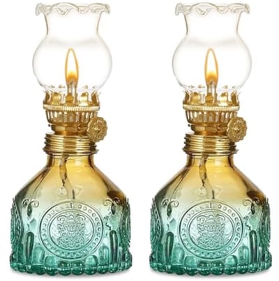 Set van 2 retro glazen olielampen met instelbare vlam - sfeerverlichting voor binnen