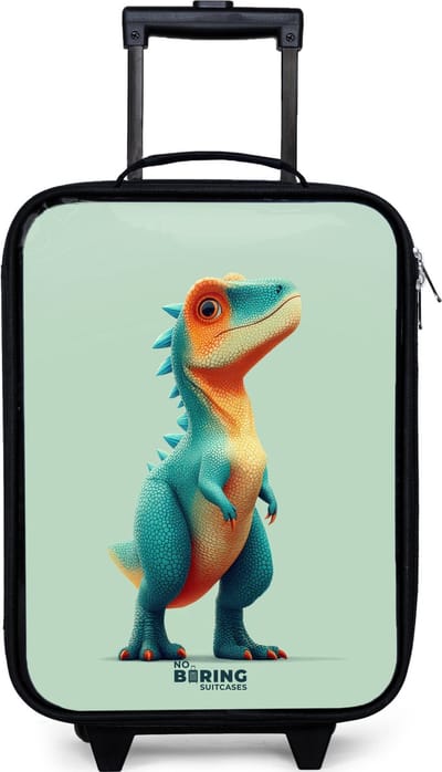 NoBoringSuitcases.com® - Kinderkoffer jongen - Kindertrolley meisje - Stoere dino met grote ogen - Koffer kind lichtgewicht - Reiskoffer trolley voor kinderen - Koffertje met lichtgevende wieltjes - Rolkoffer zwart