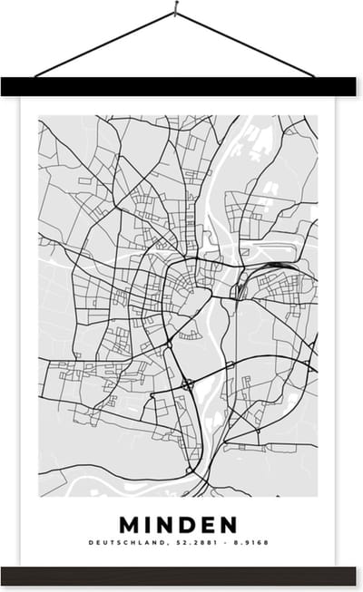 Posterhanger incl. Poster 40x60 cm - Schoolplaat - Duitsland - Plattegrond - Minden - Kaart - Stadskaart - Textielposter - Zwarte latten - Stadskaart