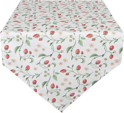 Clayre & Eef Tafelloper 50x160 cm Wit Rood Katoen Aardbeien Tafelkleed