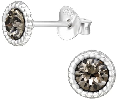 Joy|S - Zilveren ronde oorbellen - kristal greige bruin beige - 6 mm - oorknoppen - sterling zilver 925 - zilver bolletjes randje