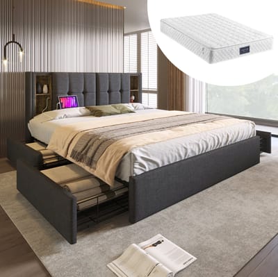 Tweepersoonsbed met draadloze USB-C-oplaadpoort en 4 lades. Gestoffeerd bedframe van 160x200 cm. Houten lattenbodem - grijs linnen (matras inbegrepen).