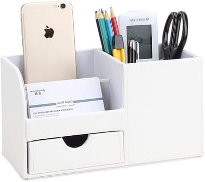 Elegante Desk Organizer met 4 Opbergcompartimenten van PU Leer voor Kantoorbenodigdheden en Pennen (Wit)