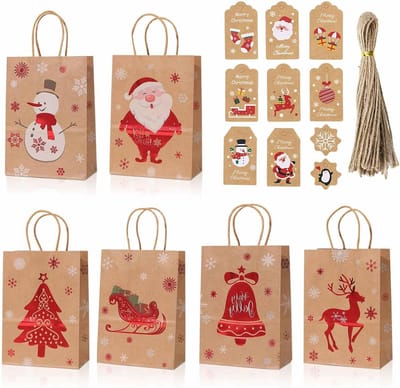 Cadeauzakjes kerstset, 24 stuks papieren zakjes voor Kerstmis, cadeauzakjes voor Kerstmis, kerstpapieren zakken voor feestgeschenkverpakking, 21 x 15 x 8 cm