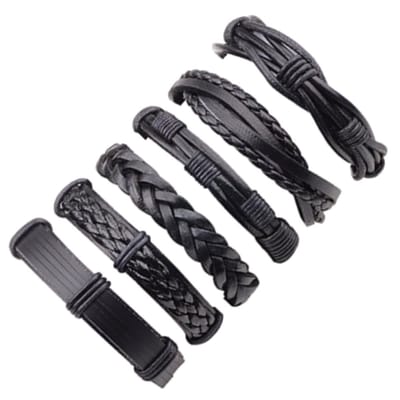 Fako Bijoux® - Armband Leer - Set Deluxe - 6 Stuks - Zwart