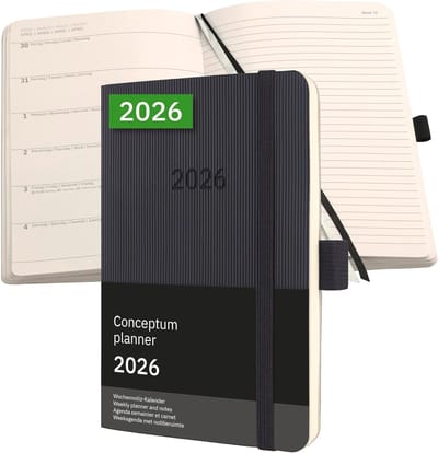 Famanu – Weeknotitie agenda 2026 A6 softcover zwart, minimalistisch ontwerp met weekoverzicht en notitieruimte