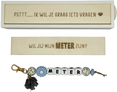 Sleutelhanger Wil jij mijn METER zijn? | blauw | 3D | sleutelhanger | doosje met een vraag | meter vragen | meter worden | peettante vragen | peettante worden | cadeau | psst ik wil je iets vragen
