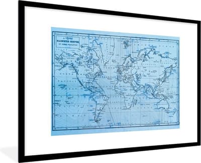Poster in lijst - Fotolijst 90x60 cm - Posters - Wereldkaart - Blauw - Lijnen - Posterlijst zwart - Decoratie - Wanddecoratie woonkamer - Muurdecoratie slaapkamer