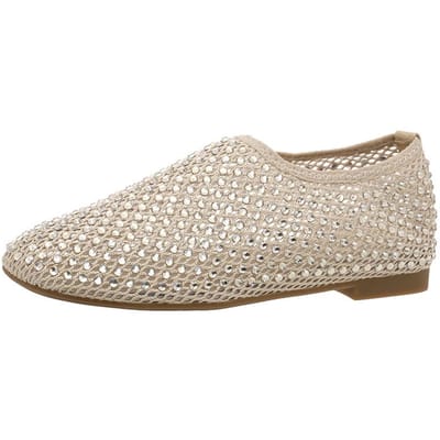 Ademende Lichtgewicht Mesh Platte Schoenen voor Dames, Volledig Versierd met Strass, Zachte Zool, Comfortabele Lage Schoenen voor de Zomer 35 beige