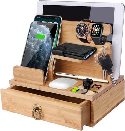 Bamboo Oplaadstation met Lade voor Smartphone, Tablet en Horloge