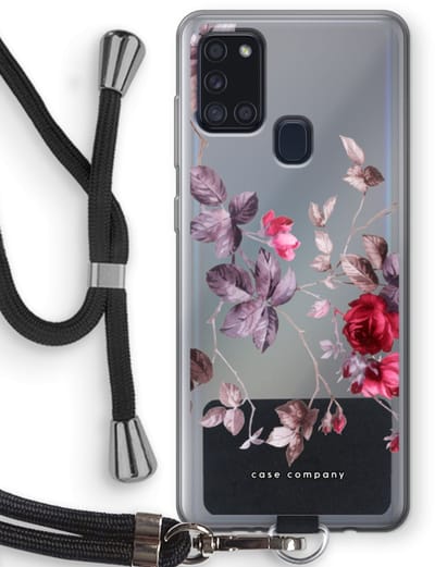 Case Company® - Hoesje met koord geschikt voor Samsung Galaxy A21s hoesje met Koord - Mooie bloemen - Telefoonhoesje met Zwart Koord - Bescherming aan alle Kanten en Over de Schermrand