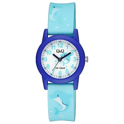 Q&Q V22A-014VY - Horloge - Sport - Analoog - Kinderen - Unisex - Plastic band - Rond - Kunststof - Cijfers - Dolfijnen - Lichtblauw - Donkerblauw - Wit - 10 ATM