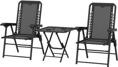 Bistroset - Tuinmeubel 3-delig - Opklapbare Tuinset - Balkonset voor 2 Personen - Stalen Tuinmeubelset met 2 Stoelen + Tafel + Bekerhouders - Weerbestendig - Zitgroep - Meubel - Loungeset - Meubelsets - voor Tuin, Balkon, Terras - Zwart