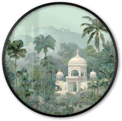 Poster in lijst Rond - Fotolijst 60x60 cm - Posters - Tropische tuin - Koepelgebouw - Bloemen - Ronde posterlijst zwart - Decoratie - Wanddecoratie woonkamer - Muurdecoratie slaapkamer