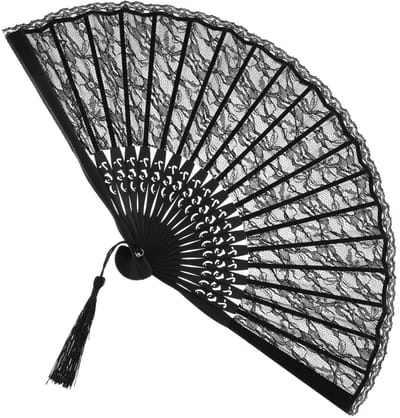 longziming - Victoriaanse Handwaaier - Traditionele Waaier - Handgeborduurd Kantbloemenpatroon - Compact Opvouwbaar Ontwerp - Bamboe En Fijne Kant - Decoratief Kwastje - Elegant Voor Bruiloften - 1 Stuk