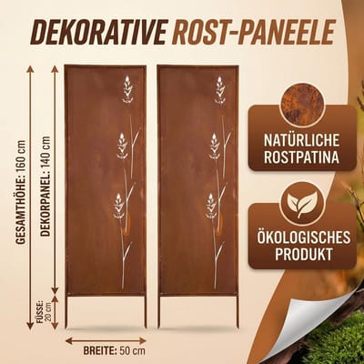 Inkijkbescherming Tuinscherm Metaal Patina Roestlook Bloemen 2x 160x50 cm Tuindecoratie