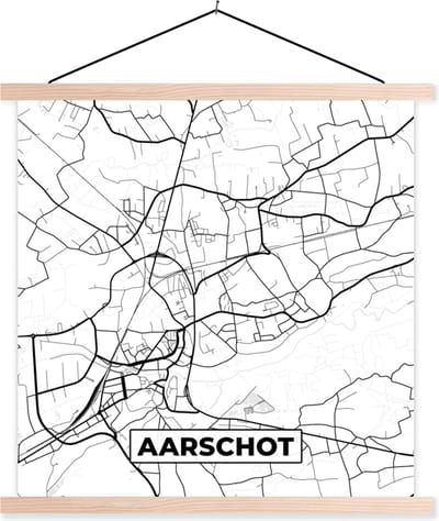 Posterhanger incl. Poster 40x40 cm - Schoolplaat - Zwart Wit – België – Plattegrond – Stadskaart – Kaart – Aarschot - Textielposter - Blanke latten - Stadskaart