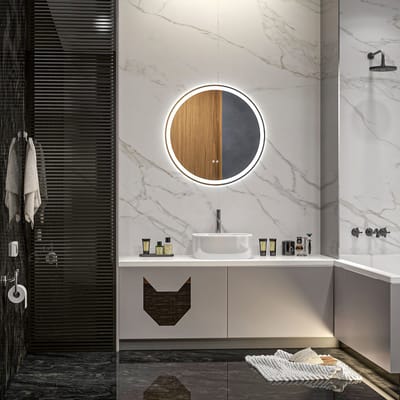MODFU Badkamer Spiegel Met LED-Verlichting – Ø60x3 cm – Touchbediening & Anticondens – Dimmbaar Met 3 Lichtkleuren – Aluminium – Wit