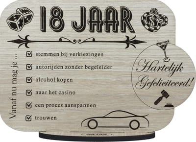 18 JAAR - houten wenskaart - kaart van hout - verjaardagskaart - gefeliciteerd - volwassen - 17.5 x 25 cm