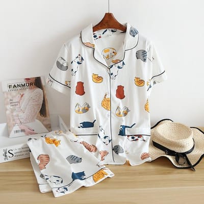 Katoen Korte Mouw Shorts Dames Pyjama Set Schattige Cartoon Pyjama Japanse Simpele Korte Pyjama Dames Nachtkleding L