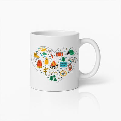 Camping Hart Avonturen Mok – Outdoor Explorer Iconen Ontwerp – 330 ml Witte Koffiebeker voor Kampeerders