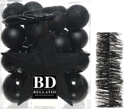 Kerstballen 5-6-8 cm 32x st met ster piek en slingers zwart - kunststof