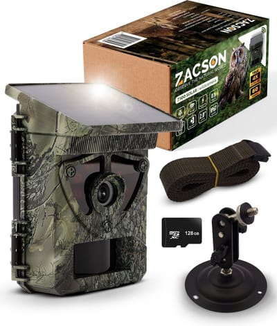 Complete Set Wildcamera met Zonnepaneel - Oplaadbaar - voor Buiten met Nachtzicht - True 4K Ultra HD & 60MP - Incl. 128GB SD, Batterijen, Bevestigingsvoetje & Wifi-app, 2026 model